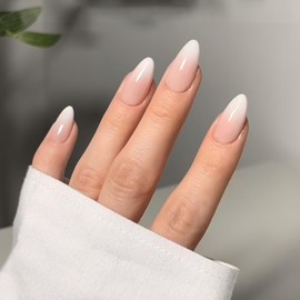 Press On Nails Short - 24Pcs Oval Shaped False Nails with Glue - French Tip False Nails Pattern - Almond Glossy Full Cover Stick on Nails for Women Girls, Vanilla Color