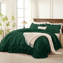 Andency Dark Green Comforter Set Queen Size, Lightweight Fluffy Farmhouse Ruffle Bedding Set, Soft Microfiber All Season Shabby Chic Bed Comforter Set 3 Pieces(1 Comforter 2 Pillowcases)