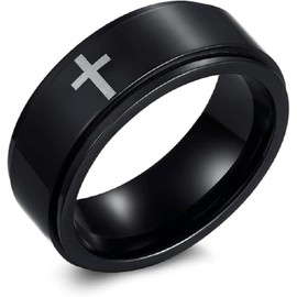 Titanium Stainless Steel Anxiety Ring Cross Rotating Ring Stress Relieving Ring for Men Women (Black, 8)