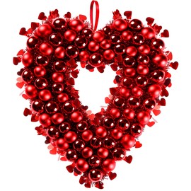 Sggvecsy 17.7'' Heart Shaped Wreath Valentines Day Red Heart Wreath with Tinsel Red Balls Decorations for Front Door Wedding Party Anniversary Wall Decor Gift Girlfriend Mother's Day