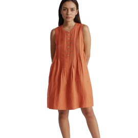 Fenclushy Women's Cotton Linen Crew Neck Sleeveless Swing Dress Casual Front Button Dresses with Pockets(Brown,XS)