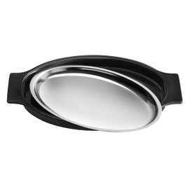 New Star Foodservice 26733 Oval Stainless Steel Sizzling Platter with Insulated Holder, 11.63" x 8", Black