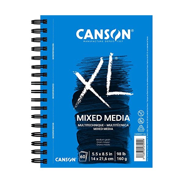 Canson XL Series Mix Paper Pad, Heavyweight, Fine Texture, Heavy Sizing for Wet or Dry Media, Side Wire Bound, 98 Pound, 5.5 x 8.5 in, 60 Sheets, 5.5"X8.5"