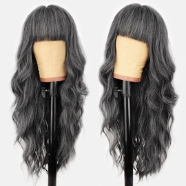 AISI HAIR Gray and white Wig with Bangs Long Wavy Synthetic Wig for Women with Daily Party Use