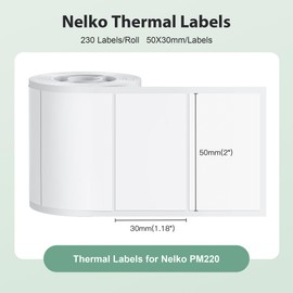 Nelko PM220 Thermal Labels, 2'' x 1.18'' (50x30mm) Waterproof Multi-Purpose Sticker Tape, 3 Rolls of 230 White Thermal Paper