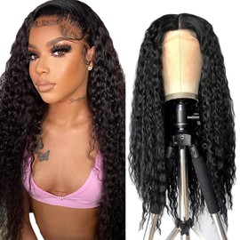Creuost Curly Wave Wig 4X1 T-Part Lace Frontal Human Hair Wigs No Tangle Pre Plucked Glueless Brazilian Remy With Baby Hair For Women 1B Natural Black Color 26 Inch