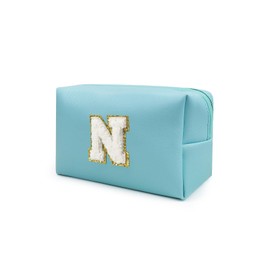 FuninCrea Klein Kosmetiktasche PU-Leder Make Up Tasche Kosmetikbeutel, Wasserdicht Kosmetiktasche Personalisiert Tragbar Kosmetik Organizer Tasche mit Reißverschluss für Toilettenartikel (Blau-N)