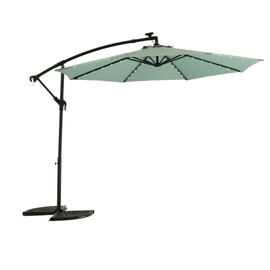10 ft Patio Umbrella with Solar Light & Cross Umbrella Base, Outdoor Offset Cantilever Umbrella Market Umbrella, Summer Patio Balcony Backyard Porch Garden Poolside Deck Sunshade Umbrella, Light Green