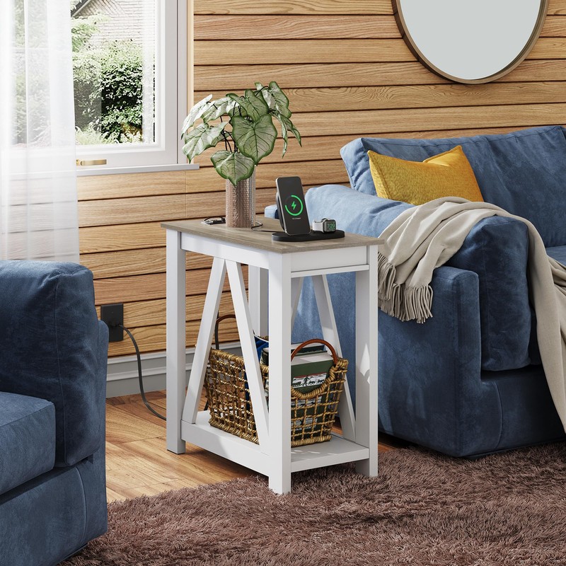 WLIVE Farmhouse End Table, Narrow Side Table with Charging Station,