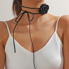 Danshinbow Layered Rose Choker Necklaces Collar Black Braided Cord Pendant Flocked Fabric Necklace Chain Jewellery for Women and Girls, Metal