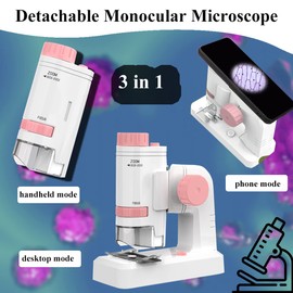 AiNinXun Portable Children Microscope Handheld Pocket Kids Microscope Boys Girls Science Gift 200x Monocular Microscope with Led Light Deatchable Microscope with Base for Student Beginners Observation