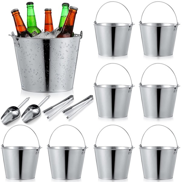 Galvanized Bucket Metal Beer Bucket Silver Tin Large Metal Pail Steel Container with Handle for Wine Champagne Bar Kitchen Indoor Outdoor Holiday Party Supplies (12 Pcs)