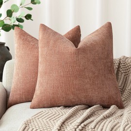 Foindtower Pack of 2 Textured Chenille Throw Decorative Pillow Covers Square Accent Solid Cushion Cover Neutral Farmhouse Pillow Case for Couch Sofa Bedroom Living Room 18x18 Inch,Dusty Pink