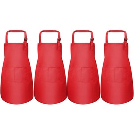 Disino 4 Pcs Red Kids Aprons Set, Boys Girls Adjustable Aprons with 2 Pockets, Children Chef Apron Toddler Kitchen Garden Bib Aprons for Cooking Crafting Painting Baking (7-13 Year)