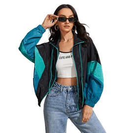 SweatyRocks Women's Lightweight Windbreaker Patchwork Zipper Sport Jacket Coat Outerwear Teal Black M
