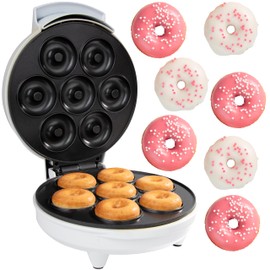 Mini Donut Maker- Electric NonStick Surface Makes 7 Small Doughnuts- Decorate Frost Ice Your Own for Kid Friendly Baked Dessert Treat- Unique Cooking Activity for Adults, Easy Bake Brunch Gift for Her