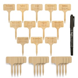 Worown Pack of 24 Bamboo T Shaped Plant Signs, 12 Blank for Random Writing, 12 Engraved Flower and Vegetable Names Plant Signs Wood, with Waterproof Black Drawing Pen