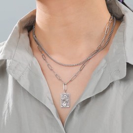 TEAMER Double Layer Necklace, Vintage Tarot Jewelry Lucky Amulet Pendant Stainless Steel Necklace Stainless Steel Unknown, Stainless Steel, not known