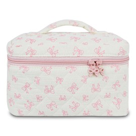 GISMTR Makeup Bag, Quilted Bow Cosmetic Bag, Large Travel Aesthetic Make up Bag, Cute Coquette Toiletry Bag for Women Girls, Bow J