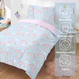 HOMHOMHA Rainbow Bed Linen Children's Girls Duvet Set 135 x 200 cm with 1 Pillowcase 80 x 80 cm 2ps 3D Print Blue Reversible Bed Linen