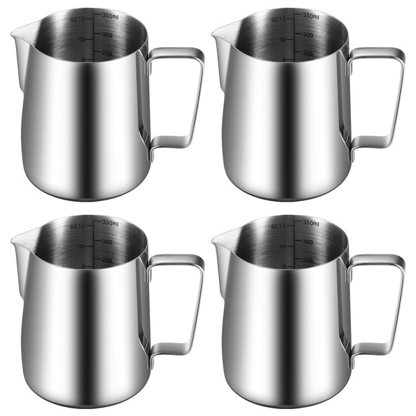 Dandat 4 Pcs Milk Frothing Pitcher Espresso Steaming Pitchers 12 Oz Stainless Steel Milk Frother Cup Milk Frother Steamer Cup Frother Jug for Espresso, Latte Art, Chai Cappuccino Hot Chocolate