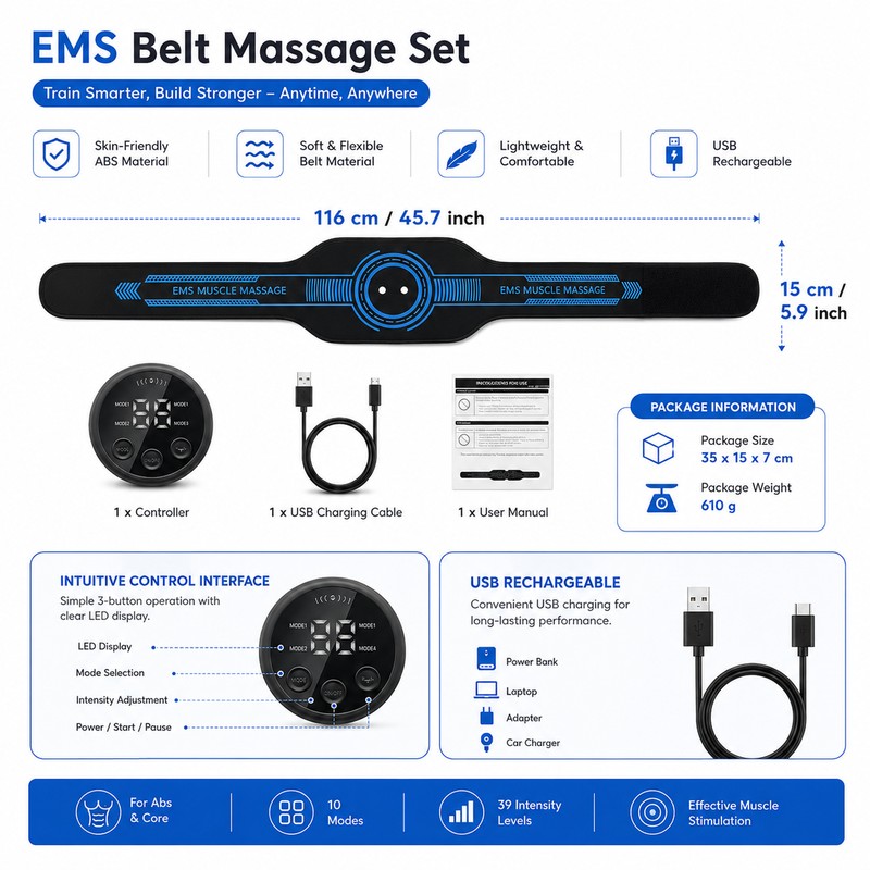 EMS Abdominal Belt for Home Fitness – USB Rechargeable Muscle
