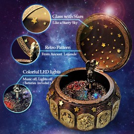 Briskfeel Vintage Music Box with Constellations Rotating Goddess LED Lights Twinkling Resin Carved Mechanism Musical Box with Sankyo 18-Note Wind Up Signs of The Zodiac Gift for Birthday (A1 Vintage)