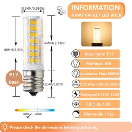 HXWY E17 LED Bulb for Microwave Oven Over Stove Appliance, 6W Warm White (60W Halogen Bulbs Equivalent), 110-120V, Intermediate Base, Dimmable, Pack of 2