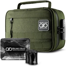 HELMET HEAD Large Smell Proof Bag & Case with Combo Lock - Includes Metal Tray & Travel Bags. Odor Proof Bags Offers Plenty of Room to keep all Herbs and Tools Securely Together (Herb Green)