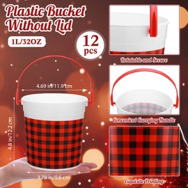 Yiyiring 12 Pcs Christmas Plastic Bucket with Handle 4.69 x 3.78 x 4.8 Inch Treats Storage Pails 32 oz Red and Black Buffalo Plaid Candy Bucket for Xmas Winter Holidays Party Favors