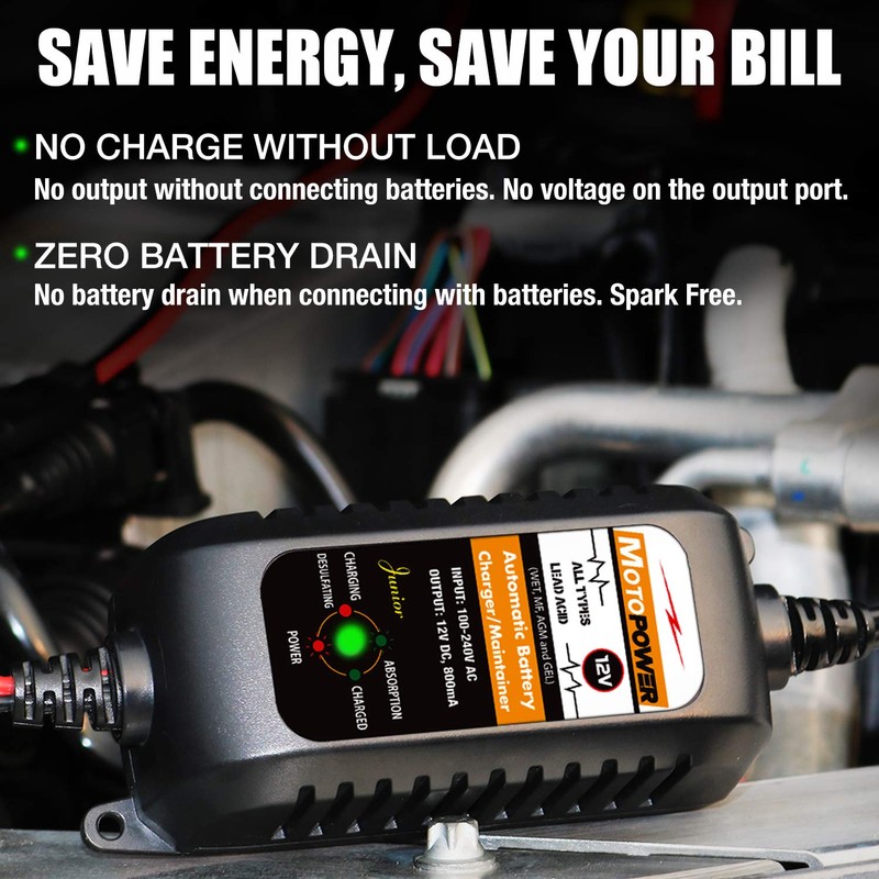 MOTOPOWER MP00205A 12V 800mA Automatic Battery Charger, Maintainer, Trickle and