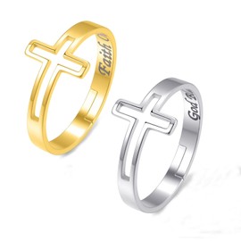 SENSE TO CREATE Adjustable Love Hope Faith Cross Rings for Women | Faith Over Fear Rings | Stainless Steel Religious Bands Remind Pray to God | Ring Box, Stainless Steel, No Gemstone