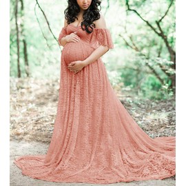 MYZEROING Maternity Photography Props Floral Lace Dress Fancy Pregnancy Gown for Baby Shower Photo Shoot (2XL, Pink Carnation)