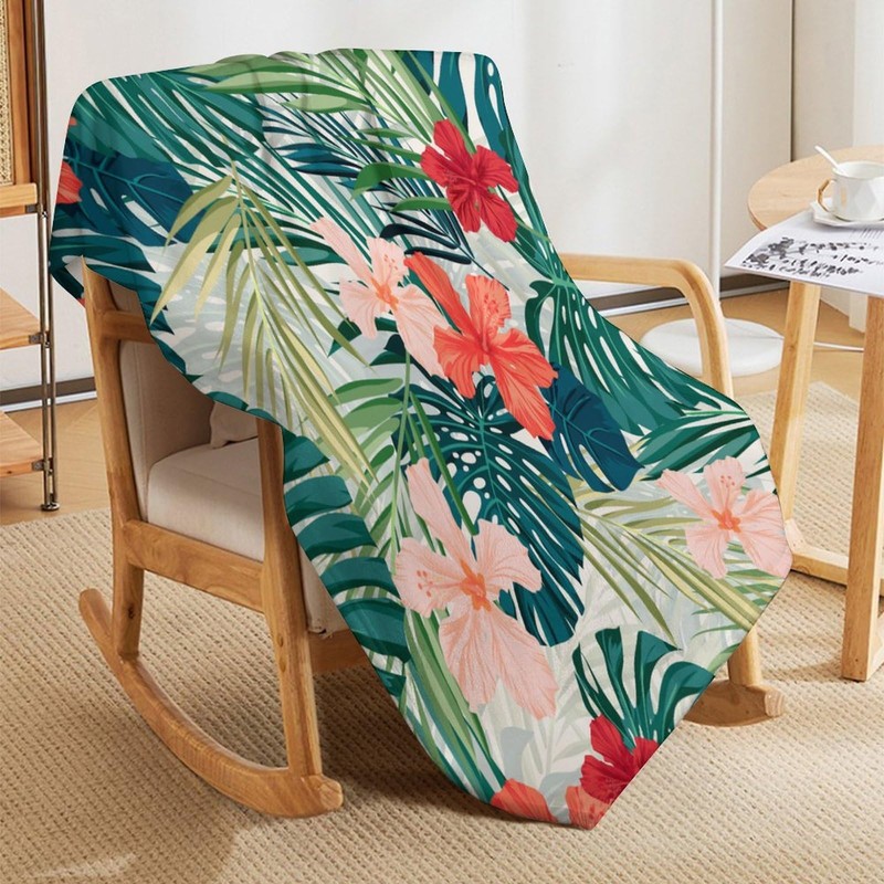 Tropical Throw Blanket Green Palm Leaves Pink Flowers Pattern Soft