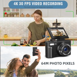 Digital Cameras for Photography, Vlogging Camera for YouTube with Autofocus 3'' 180° Flip Screen Selfie WiFi Camera 18X Digital Zoom Flash Light 2 Batteries & 32GB SD Card