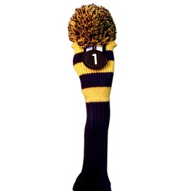 Majek #1 Hybrid Rescue Utility Blue & Yellow Golf Headcover Knit Pom Pom Retro Classic Vintage Head Cover