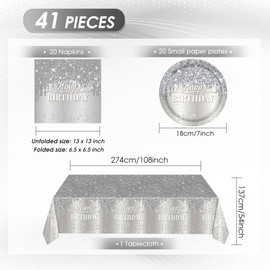 LOIYSHINE 41PCS Happy Birthday Decorations Diamonds Silver Theme Birthday Party Decorations Silver Glitter Birthday Party Plates and Napkins Tablecloth for Men Women Birthday Party Supplies