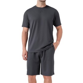 DAVID ARCHY Mens Pajamas Set Waffle Knit Short Sleeve Sleepwear Lightweight Summer Loungewear (L, Dark Gray)