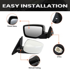 Left Driver Side Mirror Compatible with Honda Accord 2008 2009 2010 2011 2012 Power Manual Folding Non-Heated Door Mirrors White 3 Pins
