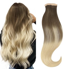 HOTBANANA Tape in Hair Extensions - 10 Inch 20pcs 30g Ash Brown to Platinum Blonde Human Hair - Straight Remy Tape Extensions