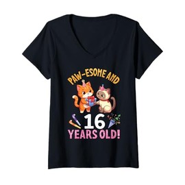 Womens Pawesome And 16 Years Old Two Cats Giving Birthday Presents V-Neck T-Shirt
