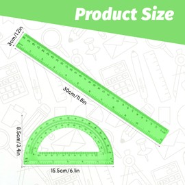 2 PCS 12 Inch Plastic Ruler and 6 Inch Plastic Protractor Set, Green Clear Ruler Math Geometry Set Rulers with Inches and Centimeters for School Classroom Office Drawing Home Supplies