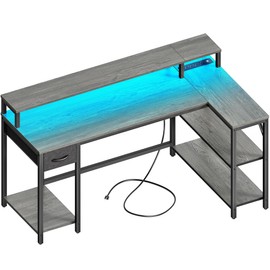 SUPERJARE 53 inch Reversible L Shaped Desk with LED Lights & Power Outlets, Computer Desk with Shelves & Monitor Stand, Gaming Desk with Drawer, Home Office Desk Corner Desk, Grey
