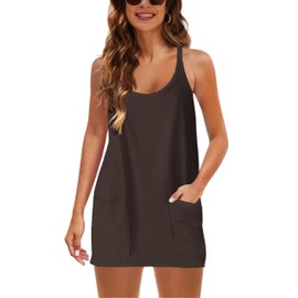 Yidarer Womens Summer Athletic Mini Dress Sleeveless Spaghetti Strap Built-in Shorts V Neck Sundress with Pockets (Coffee-S)