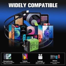 2 in 1 GaN Charger,Portable Charger, Retractable Wall Plug with Lightening and Type-C Cables,for iPhone16/15/14/13/12/11 Series, Galaxy S25/24,Android and More Battery Charging (Black)