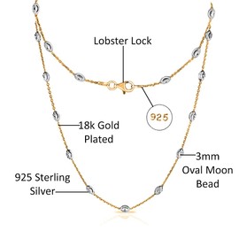 Savlano 18K Gold Plated Over 925 Sterling Silver Station Oval Moon Bead Necklace Chain For Women. Silver, Gold, Rose Gold - Made in Italy Comes With a Gift Box (2CG, 18)