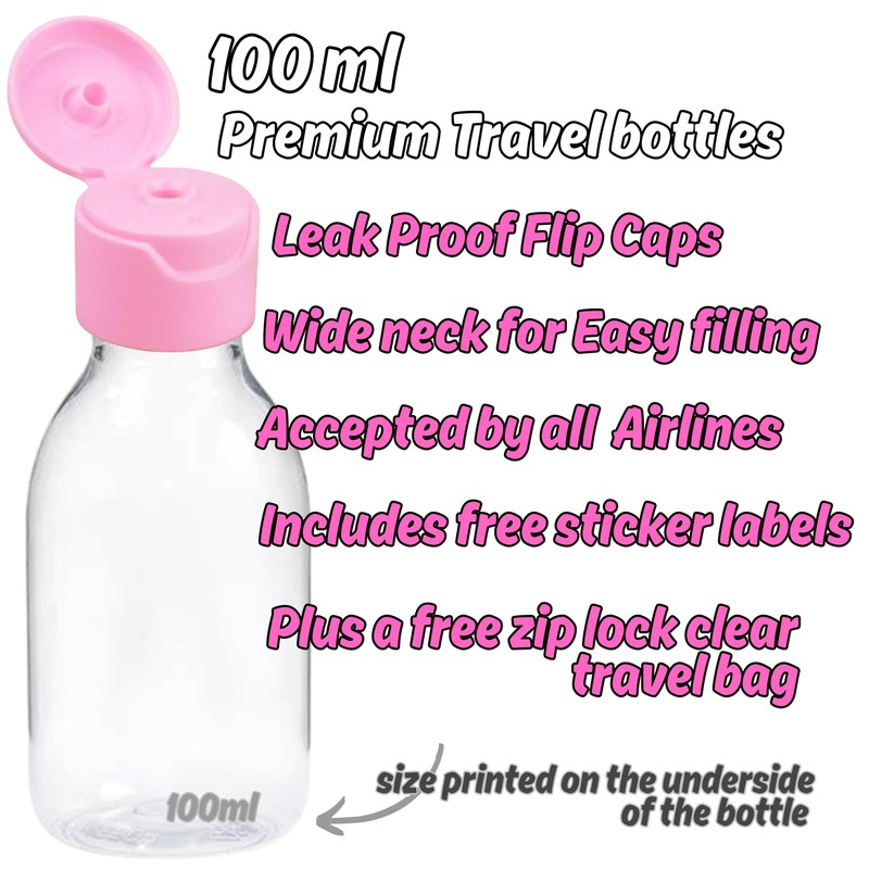 Toppdogz Travel Bottles with Wide Neck, 100ml, Labels and Clear