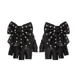 TINAYAUE Punk Half Finger Gloves Big Bowknot Rivet Design PU Leather Performance Cosplay Gloves Fingerless Rock Jazz Style Gloves Club Stage Dance Gloves for Girls Women