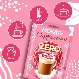 Mokate - Cappuccino Zero Raspberry & Coconut - Pack of 10 - 10 x 20 g - No Added Sugar Instant Cappuccino - No Palm Oil, With Stevia & Fibre Coffee Powder - Creamy Enjoyment with Exotic Taste