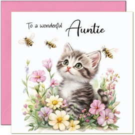 Cute Auntie Birthday Card Beautiful Watercolour Kitten & Flowers Design, For Him For her Birthday Greeting Cards for Aunt